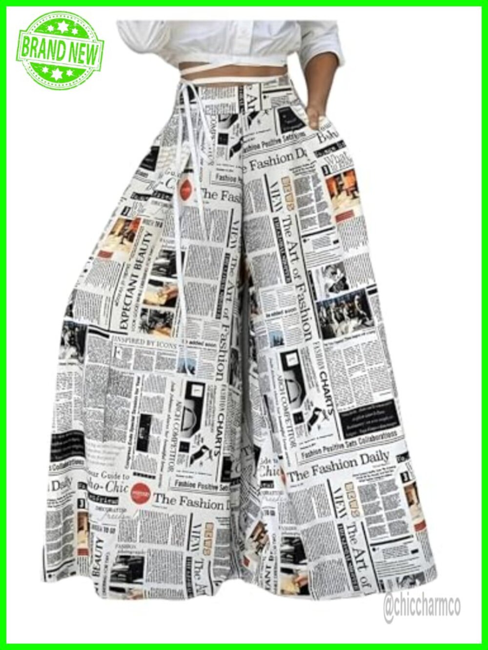 Women's Newspaper Print High Waist Wide Leg Pants
